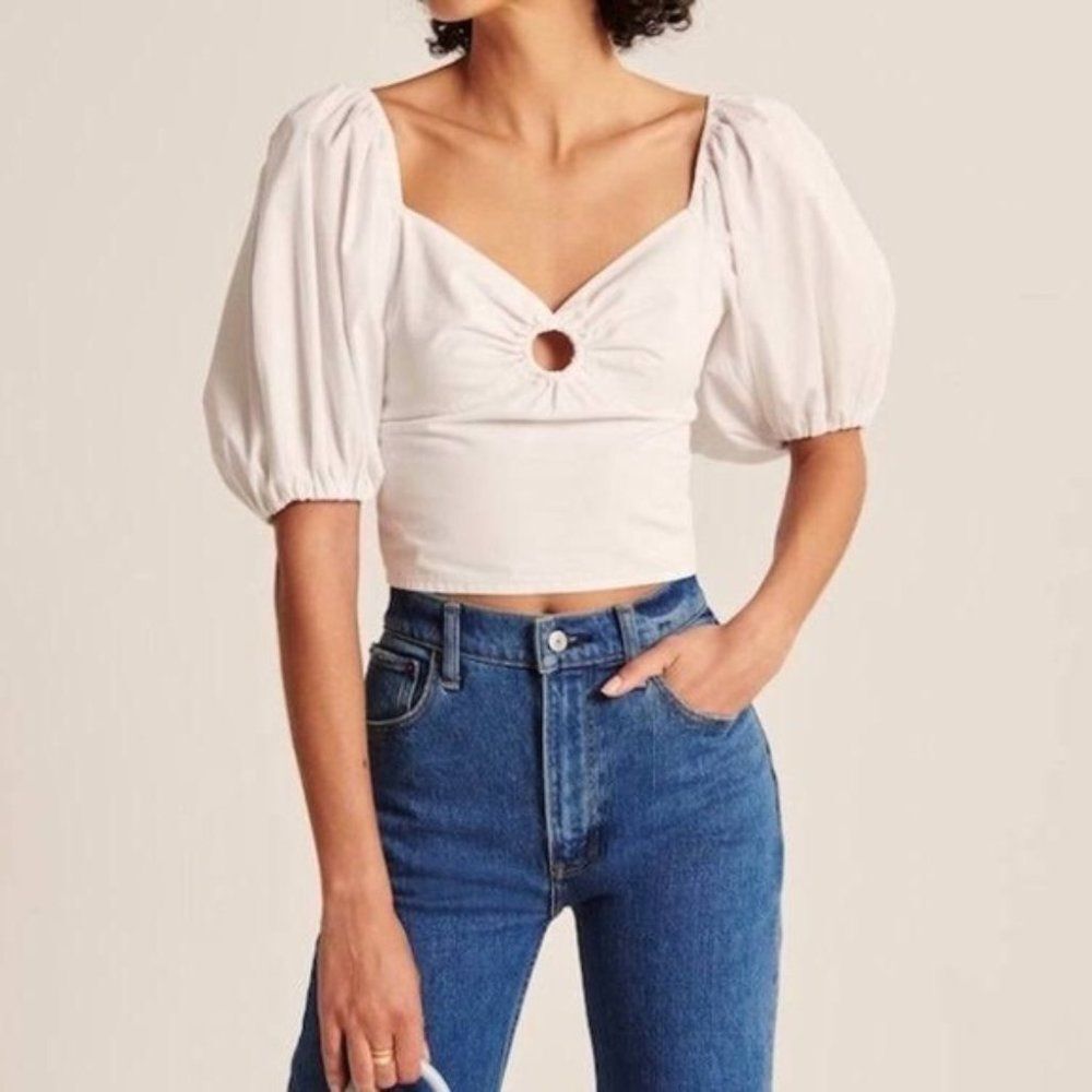 Abercrombie & Fitch Puff Sleeve Poplin O-Ring Top in Green Small - Picture 9 of 10